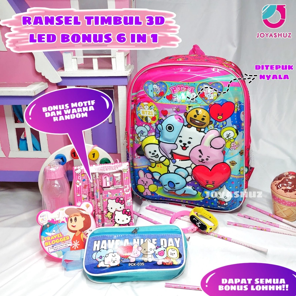 Tas Anak Perempuan Ransel BT 3D LED Anak SD Berbonus - Ransel  Timbul LED - Tas Sekolah Anak SD Karakter - Tas  Anak Perempuan SD Gratis Botol Dan Misting - Tas Sekolah Anak Perempuan Karakter Lucu - Joyashuz