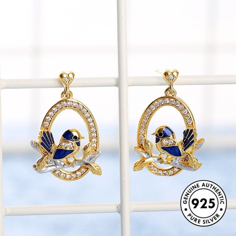 Anting Tusuk Motif Burung Bahan Sterling Silver 925 Warna Emas Untuk Wanita