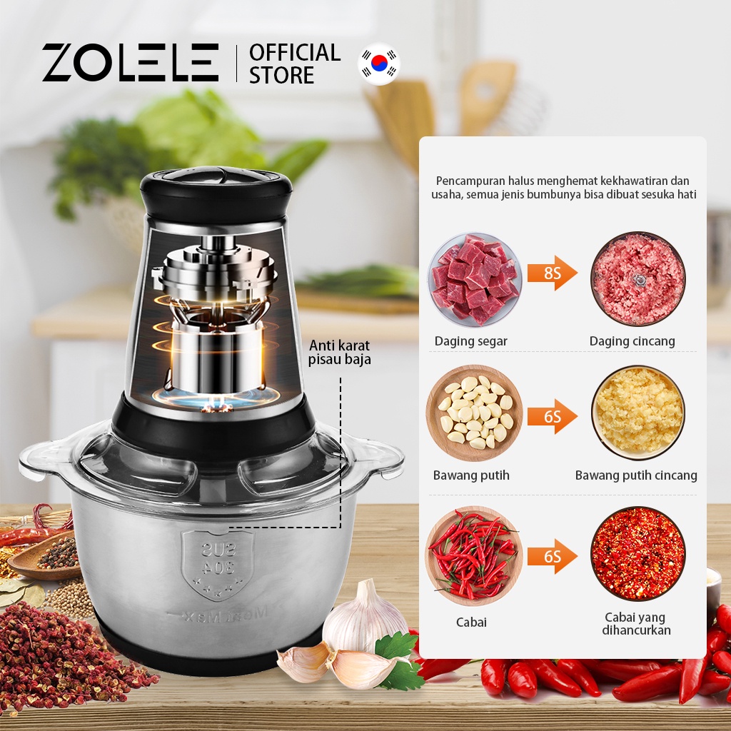 ZOLELE Electric Blender Multifungsi Chopper 2L Alat Pemotong Sayuran Daging 4 in1 Stainless Mesin Penggiling Listrik Kebisingan Rendah Pengaduk Food Vegetable Onion Slicer Penggiling Cabe Cutter Fruit Slicer Grater Processor ZD002