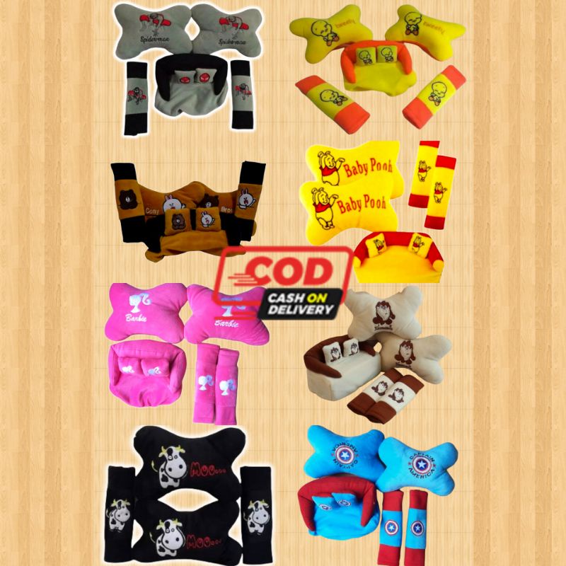 Bantal Mobil Set Karakter 3in1 Cartoon Kartun  Penyangga Leher Karakter 1 Set 3in1 Headrest Car Set Interior Mobil