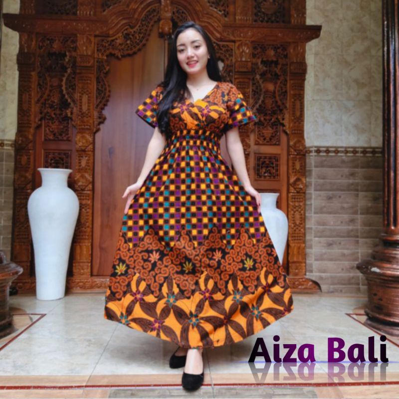 Dress Daster Mozza Panjang Motif Batik Serut Modern Lengan Pendek Katun Super Premium Bali Terbaru K