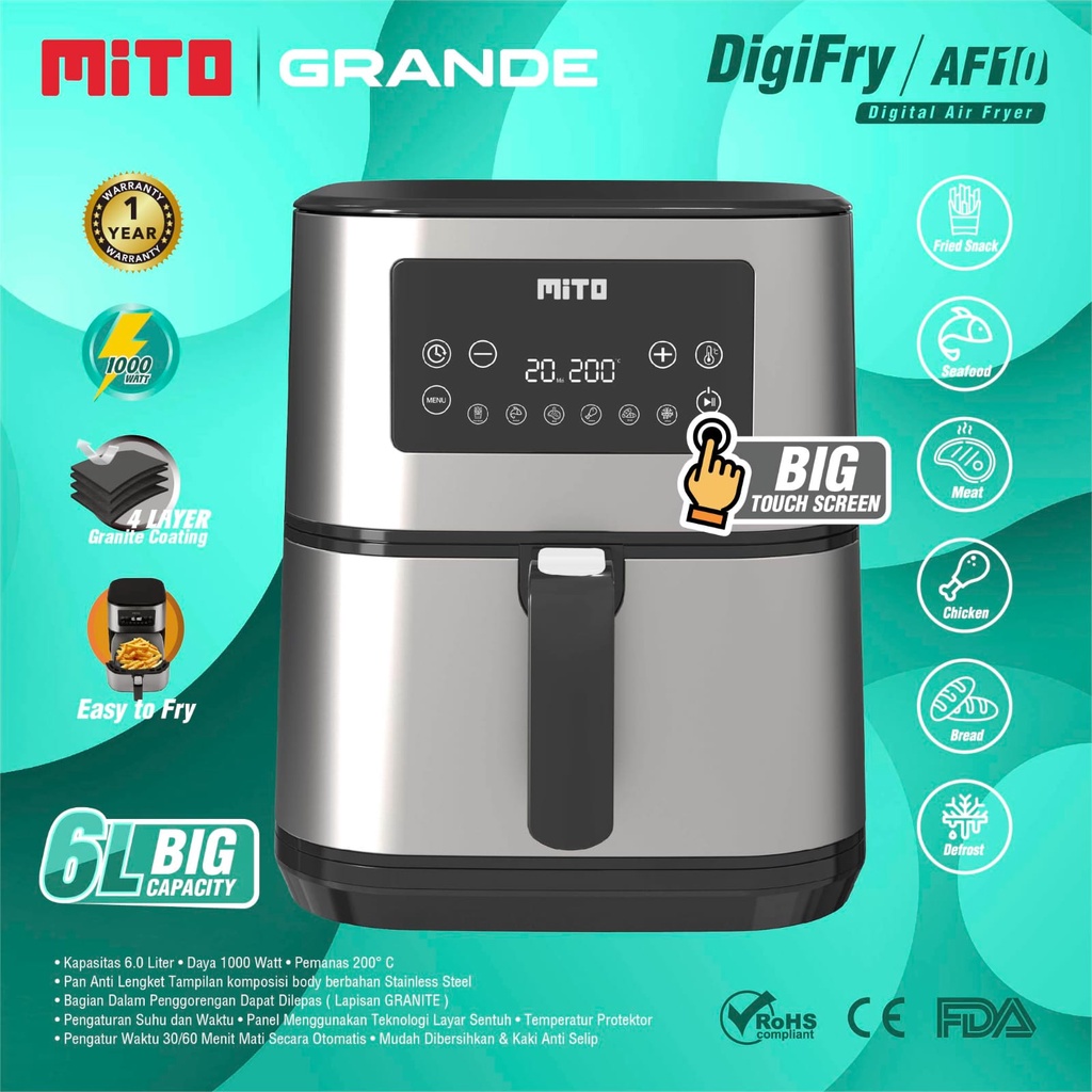 MITO Digital Air Fryer AF10 Grande 6L Low Watt - AirFryer AF 10