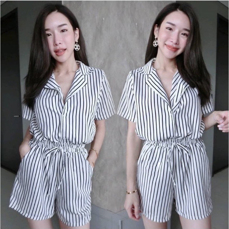 real pic jumpsuit pendek wanita / jumpsuit salur ( K1269 )