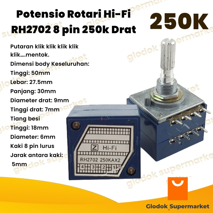 Potensio Rotari Hi-Fi RH2702 8 pin 250k Drat Stereo Kaki 4-4 Lurus Rotary Potensiometer Control Volume 254