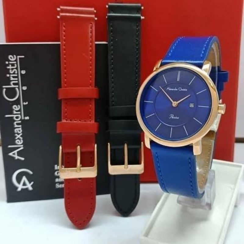 Alexandre Christie 2738 cewe / wanita tali kulit biru case rosegold paket bonus 2 tali
