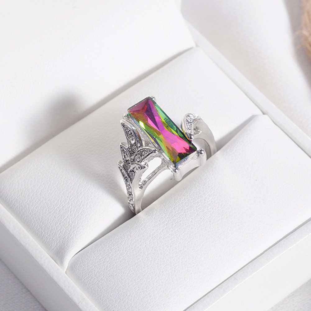 Huluboy Cincin Wanita Hias Cubic Zirconia Bentuk Persegi Warna Pelangi Gaya Elegan Untuk Pernikahan