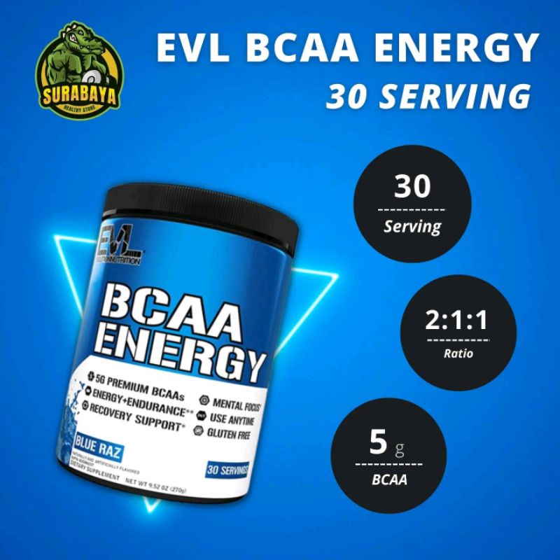 EVL BCAA Energy 30 Serving Evlution Nutrition BCAAs Muscle Recovery Support Plus Pre Workout