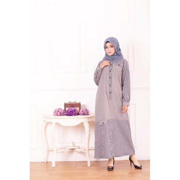 Baju gamis motif kotak busui warna merah abu abu NIBRAS NB 137