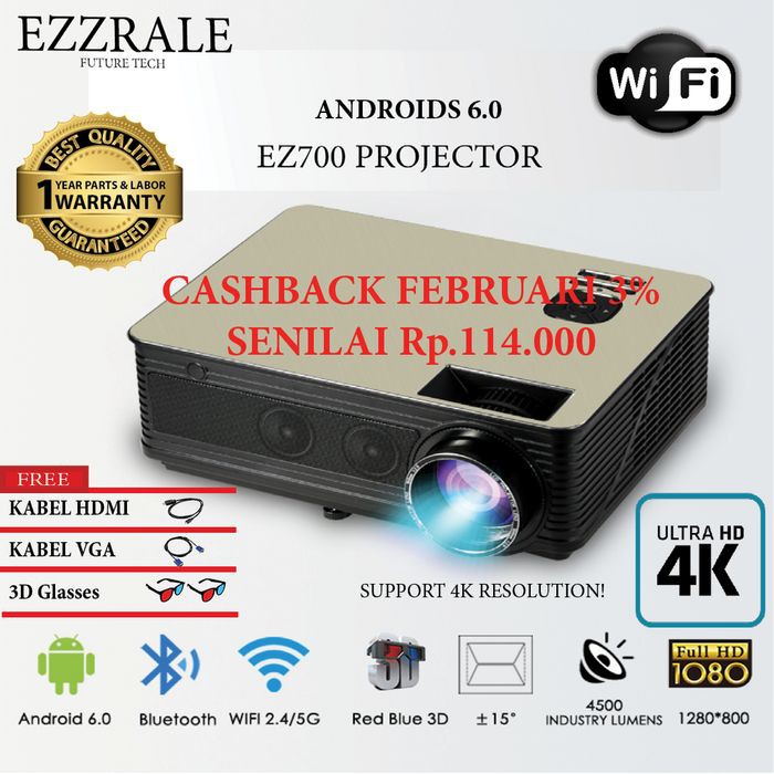 Projector Ezzrale EZ700 Proyektor 4500 lumens Wifi Android Alat Nonton