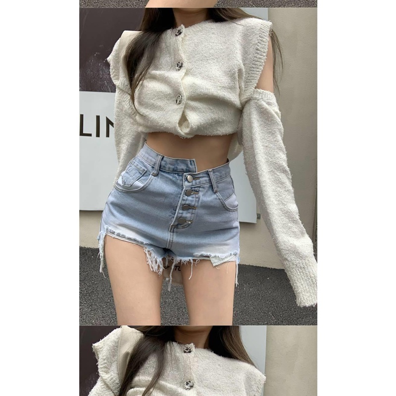 Suhao Tidak Teratur High Waist Breasted Merobek Burr Celana Pendek Denim Wanita Musim Panas Baru Ret