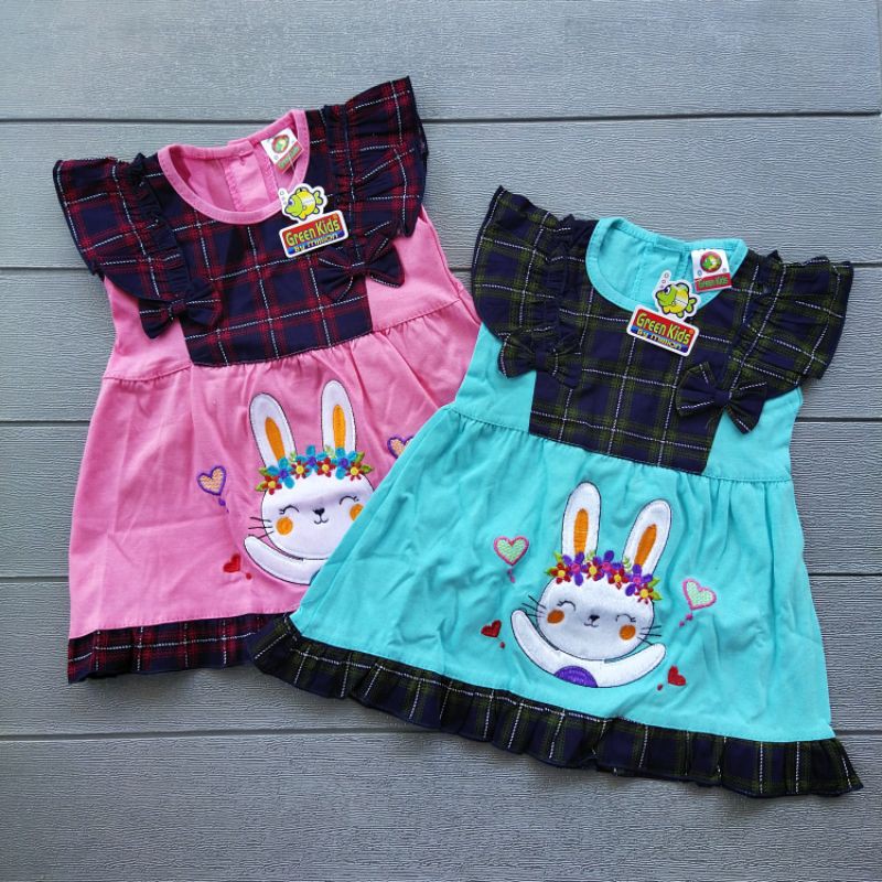 COD Dress Green kids Rabbit usia 3-12 bulan baju anak perempuan / girl / cewek / kado murah lucu