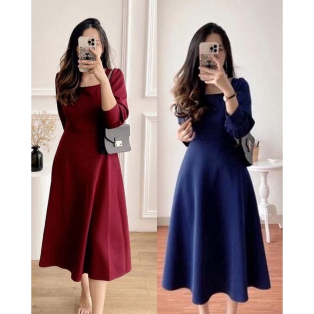 MIDI DRESS KOREA DRESS KANTOR BAJU KERJA BAJU KE GEREJA DRESS PESTA POLOS ELEGANT MEWAH FH
