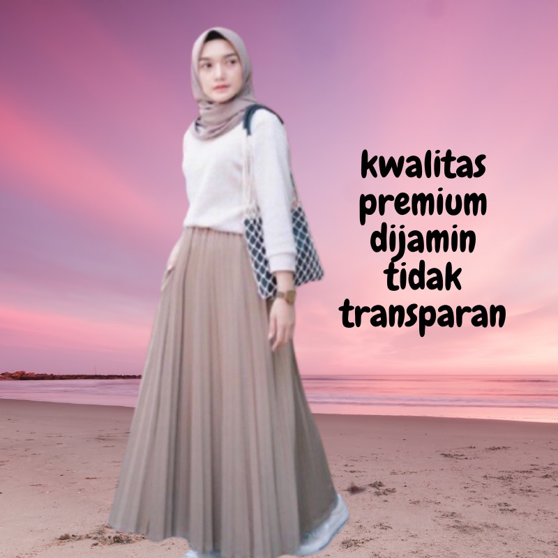 Ootd Wanita Kekinian Rok Plisket Payung Jumbo Panjang Warna Trend Hitam Putih Milo Army Maroon Coksu