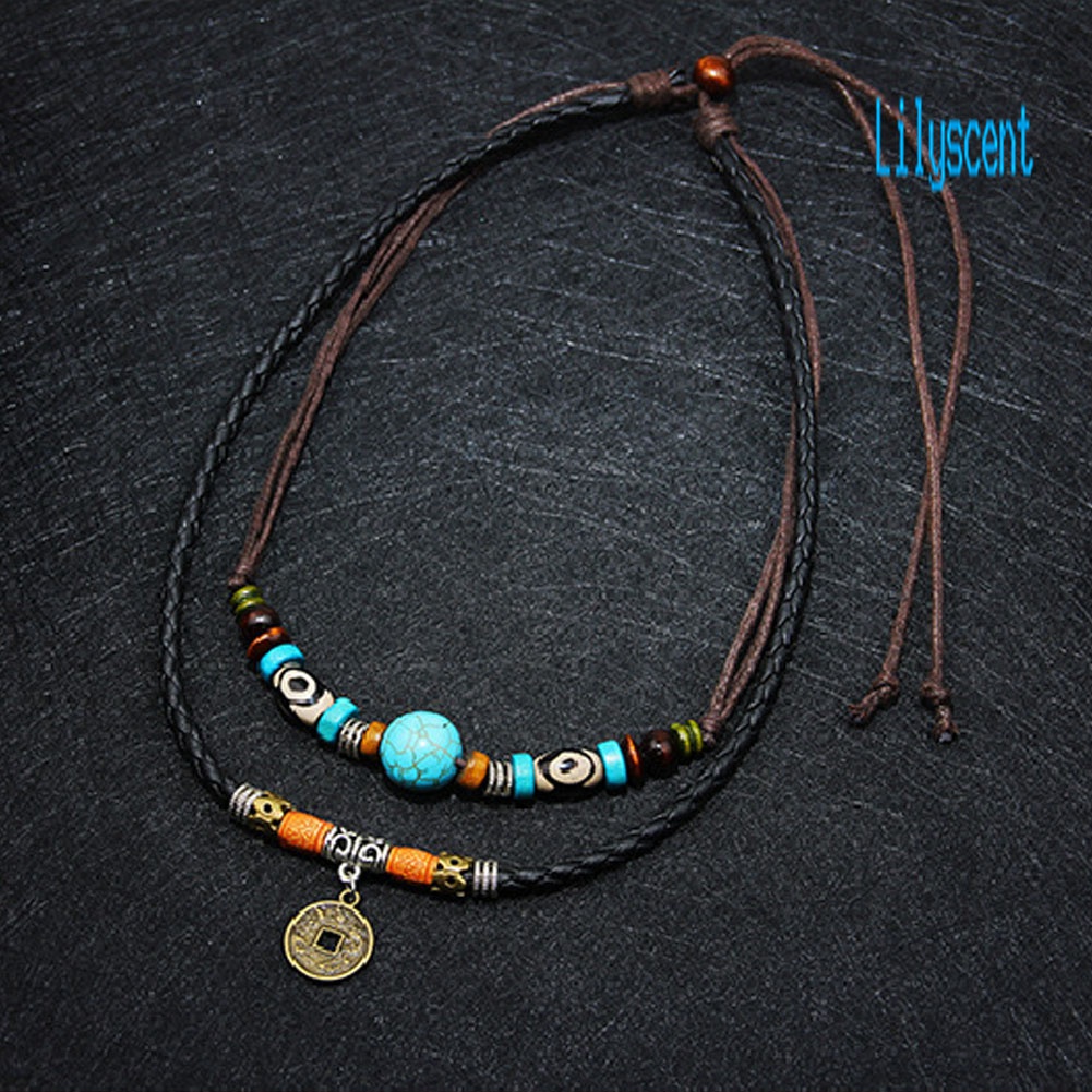 Lily Kalung Rantai Multilayer Aksen Batu Turquoise Imitasikoin Untuk Perhiasan Pria