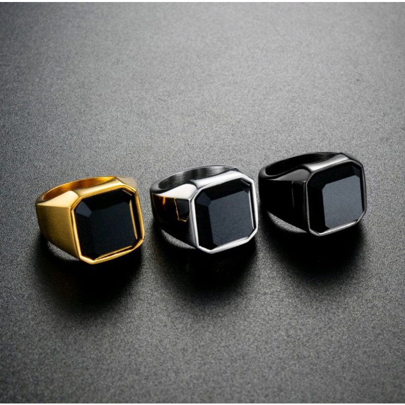 COD!! Cincin Pria Titanium Onyx Tahan Karat Emas / Baja / Hitam Cincin Kasual Fashion Ring