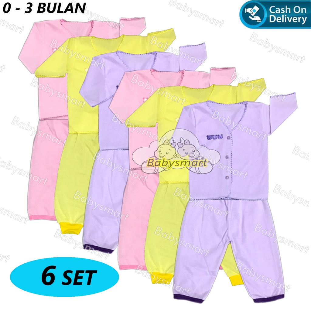 Babysmart - 6 SET Setelan Baju Bayi Panjang+Celana Panjang Polos WARNA umur 0-3 bulan/baju anak laki-laki/perempuan BOY/GIRL