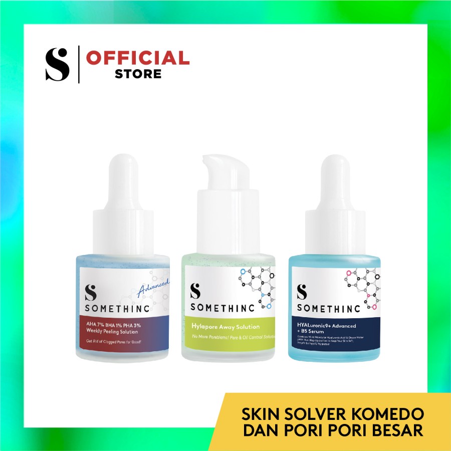 SOMETHINC SKIN SOLVER Komedo dan Pori-Pori Besar Kit(- AHA 7% BHA 1% PHA 3% Weekly Peeling Solution 20 ml - Hylapore Away Solution 20 ml - HYALuronic9+ Advanced + B5 Serum 20 ml