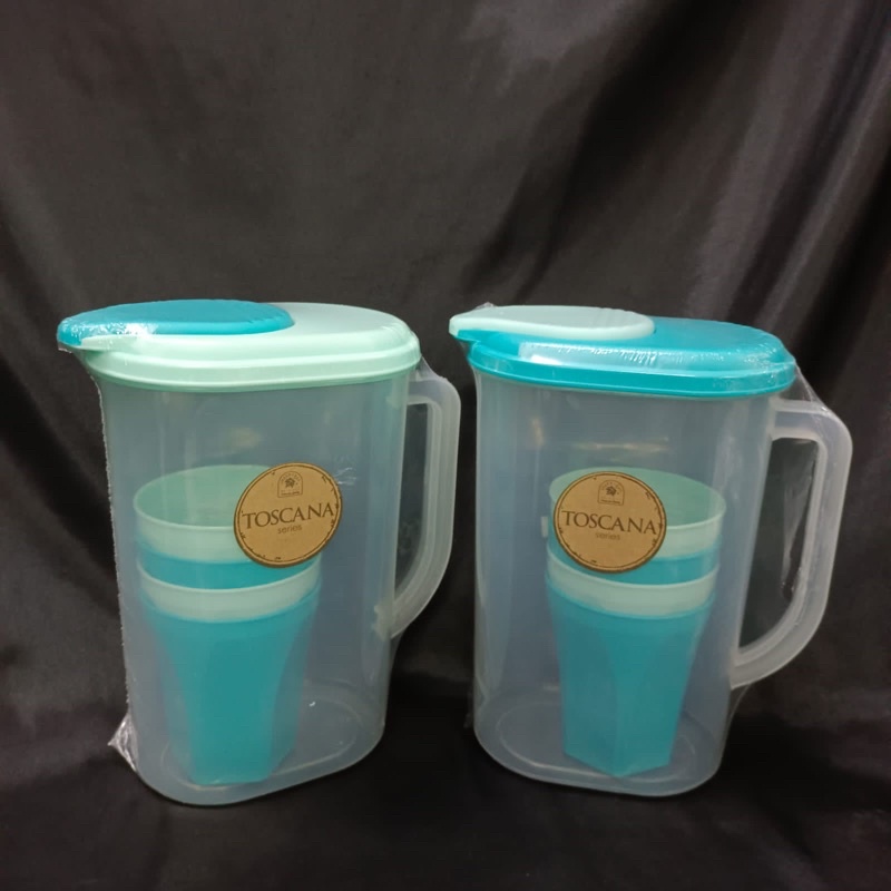 TEKO AIR 2,1 LITER + GELAS SET PLASTIK BAGUS PITCHER GREEN LEAF TOSCANA