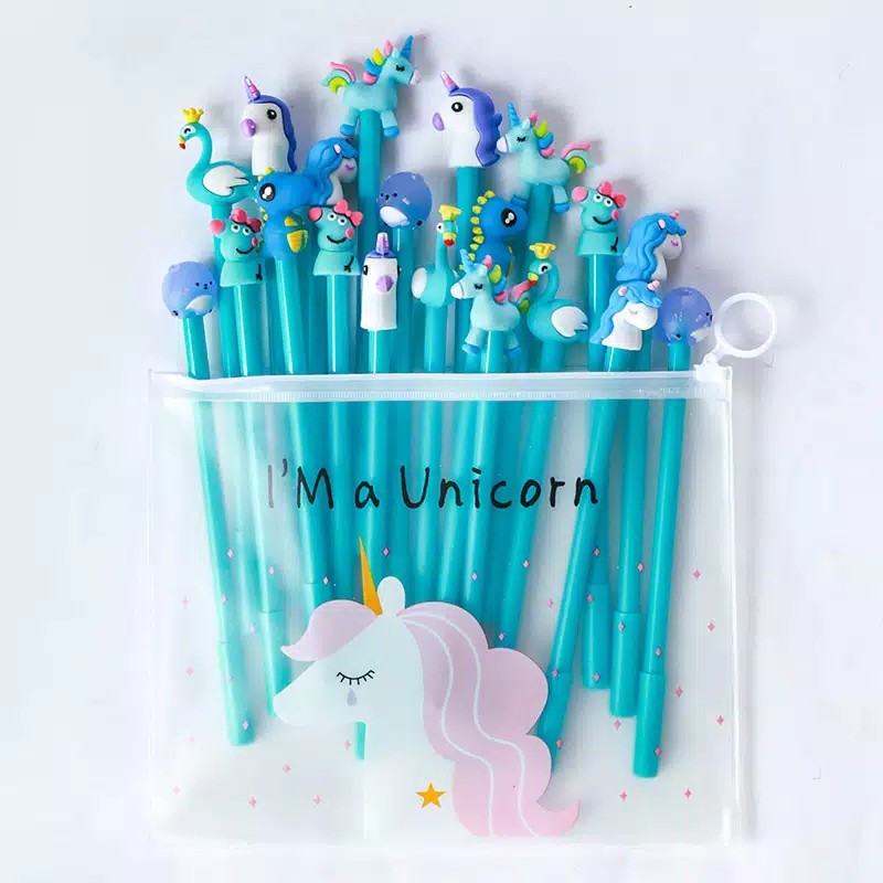 

10pcs Pulpen Set Karakter Biru Free tempat pensil unicorn pvc