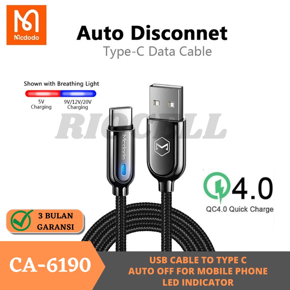 Mcdodo CA-6190 Kabel USB TYPE C Auto Off QC 4.0 LED