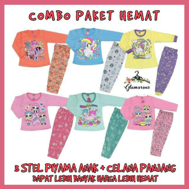 Piyama anak Perempuan PP/ paket hemat 3 stel/ piyama LOL / piyama lengan panjang anak perempuan HQ