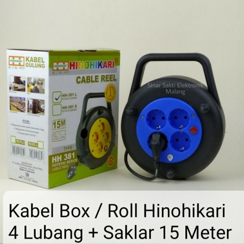 Kabel Roll 15 Meter Hinohikari Box Stop Kontak 4 Lubang + Saklar 15M Rol Switch Box