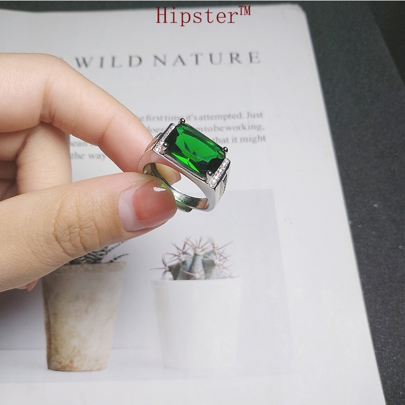 Hot Sale Simple Domineering Inlaid Emerald Square Adjustable Ring