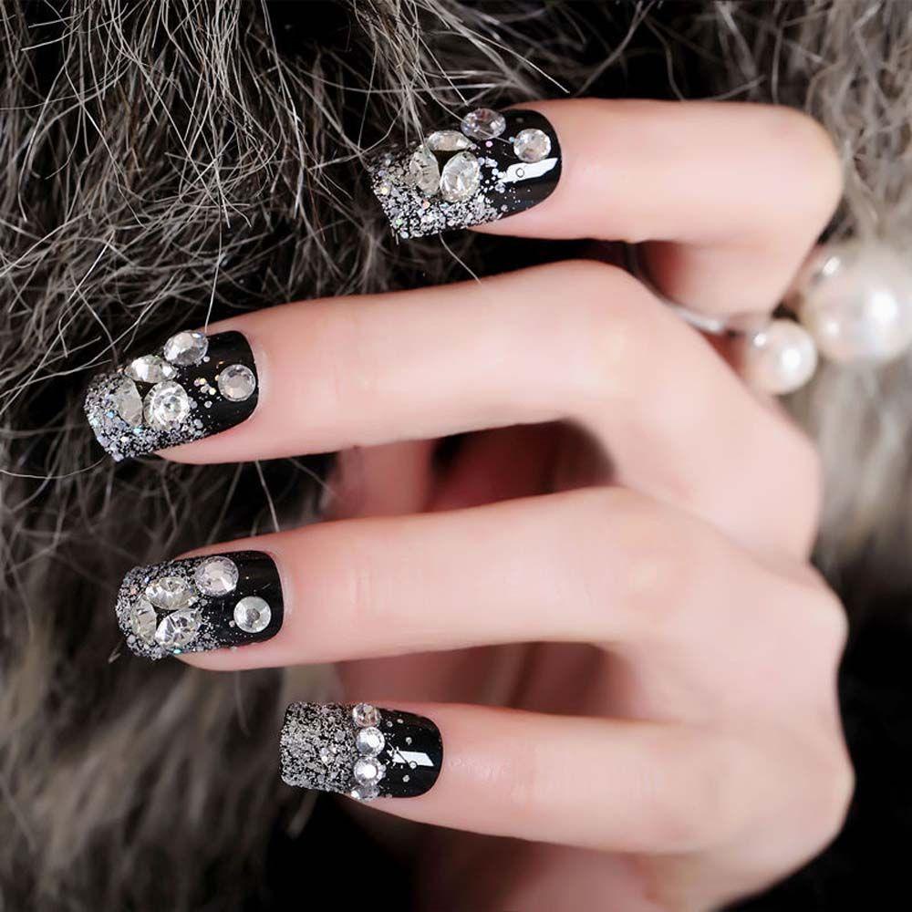 Mxbeauty Hitam Putih Kuku Palsu 24 Pcs/set Indah DIY Nail Art Manicure Charm Square Head Nail Extension