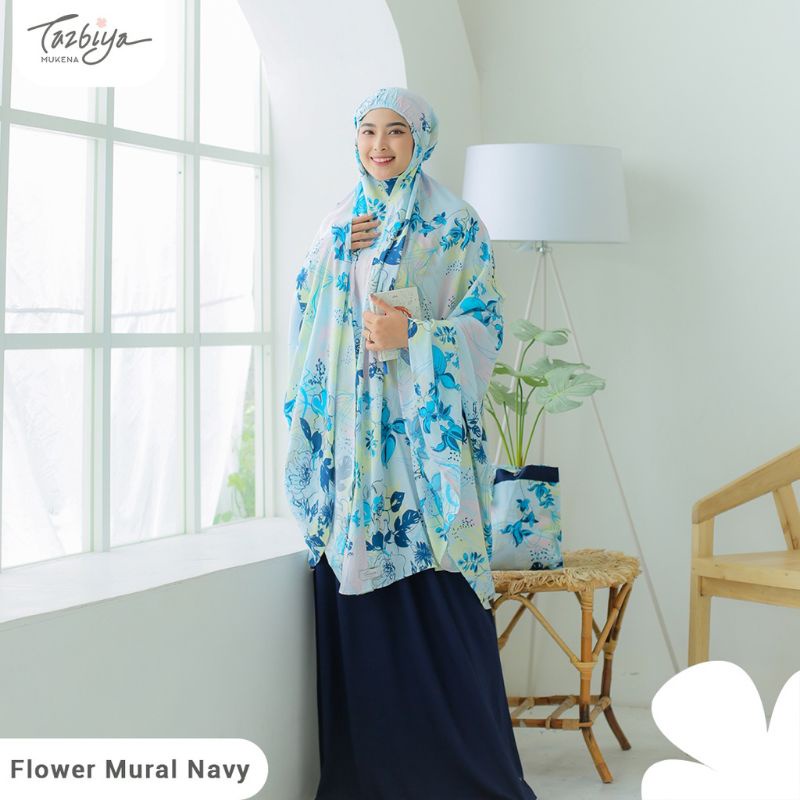 Mukena Tazbiya Flower Mural Series Green/Salem/Navi Jumbo Dewasa Katun Rayon Adem Motif Cantik Traveling