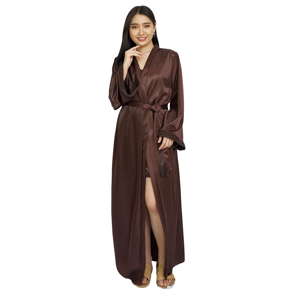 FOLVA kimono set baju tidur satin 1401KGSET coklat all size