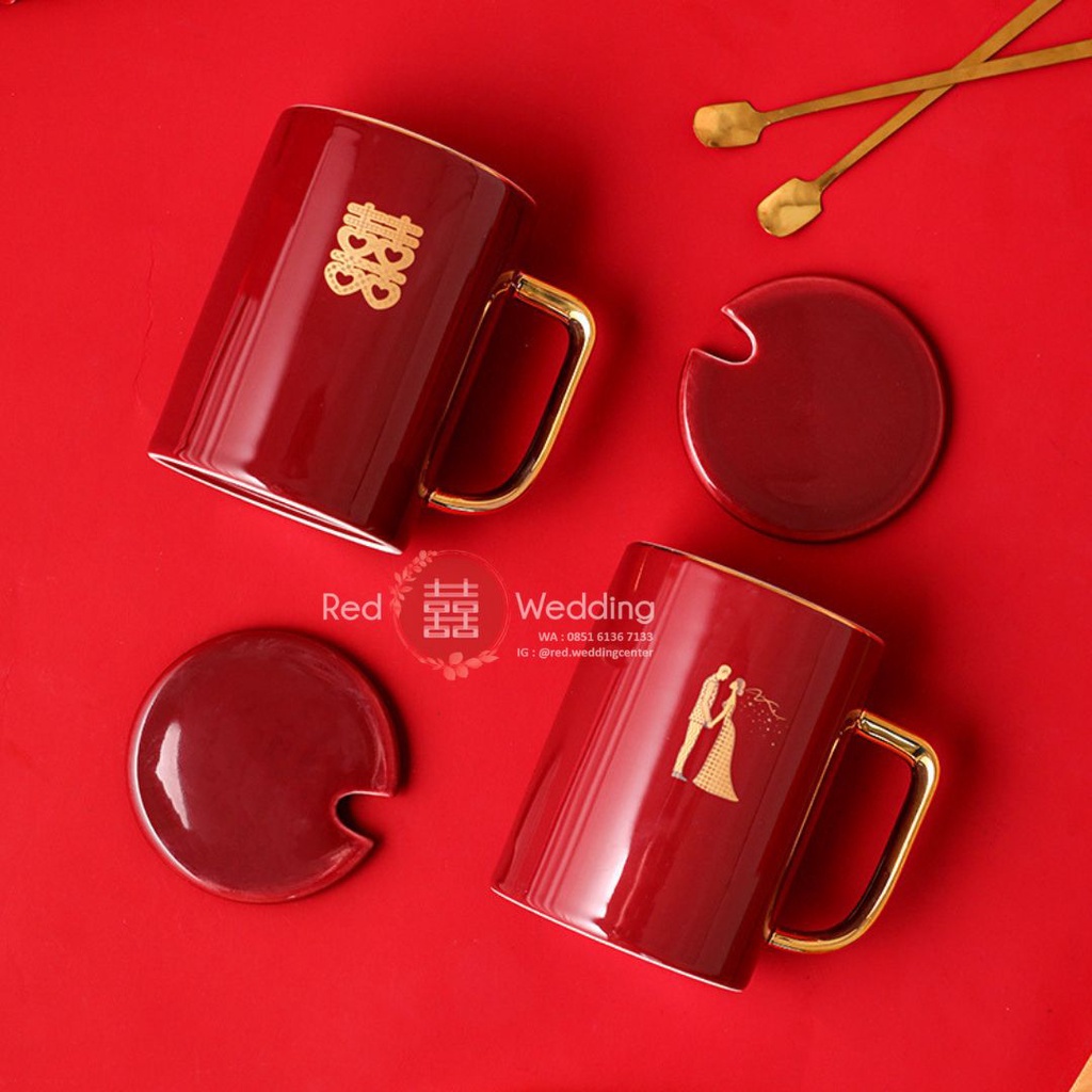 Gift Set Gelas Wedding Coffee Mug Bahan Keramik Warna Merah Motif Love Shuang Xi Double Happiness dapat Gift Box