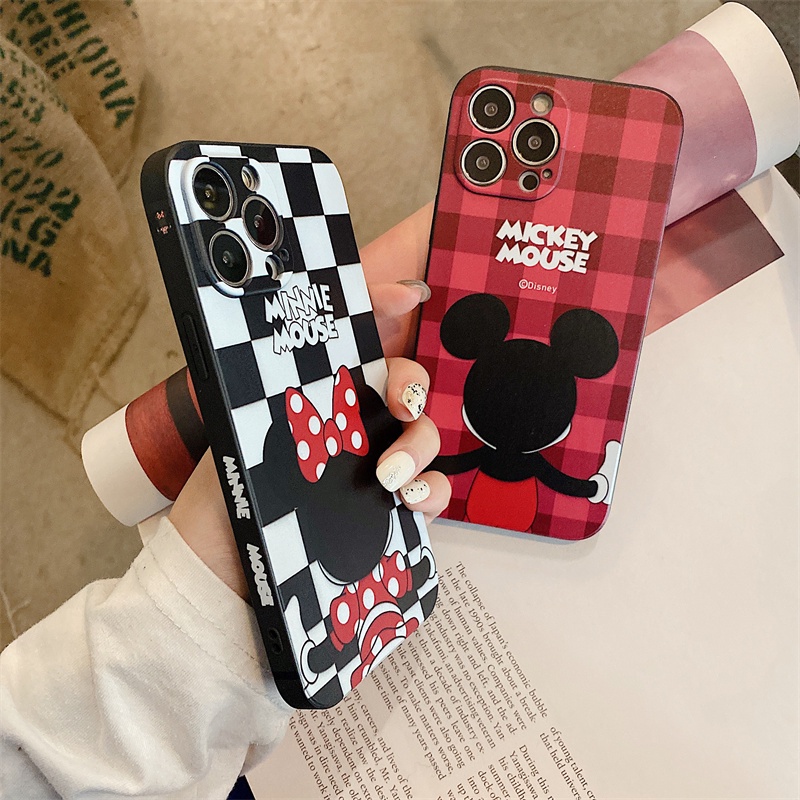 Disney case iphone for casing iphone 13 12 11 pro max 12mini 13mini X/Xs max XR 7/8/se2020 7plus/8plus cartoon lattice Mickey Minnie soft shell anti-drop protection case iphone couple