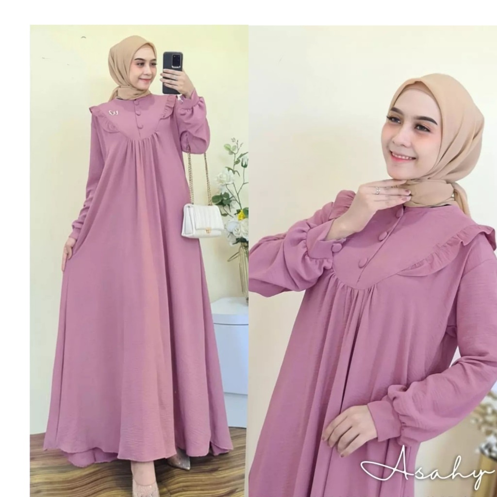 Asahy Dress Gamis Wanita  Kancing Depan Busui Aksen Rempel Bagian Dada Model lengan Balon Bahan Crincle Ukuran Jumbo XL-XXL