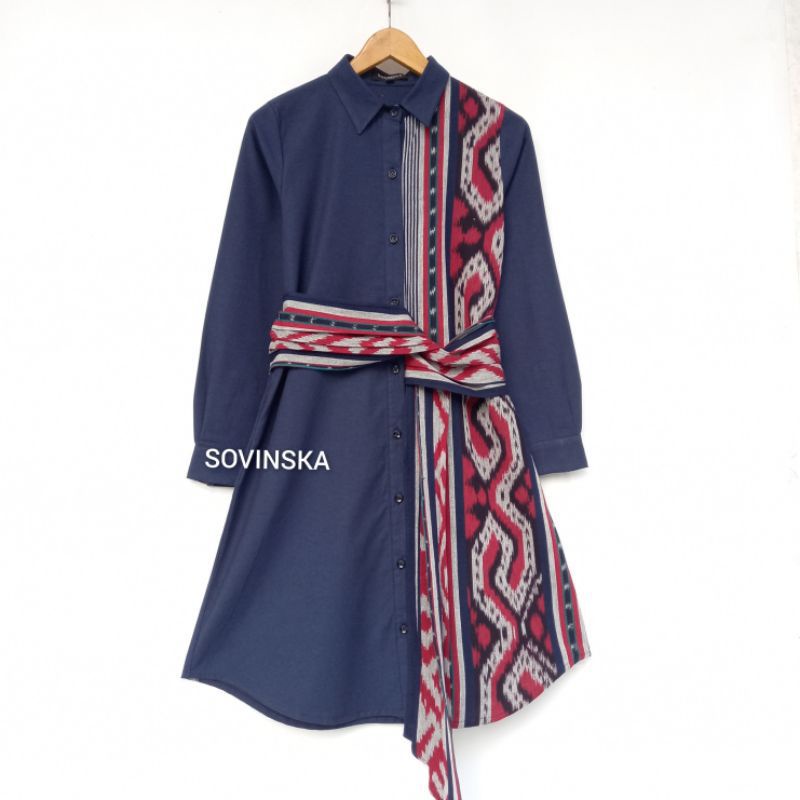 Dress Tunik WTP 228 Navy Atasan Wanita Batik Kombinasi Tenun Baju Kerja Lengan Panjang Motif by Sovi