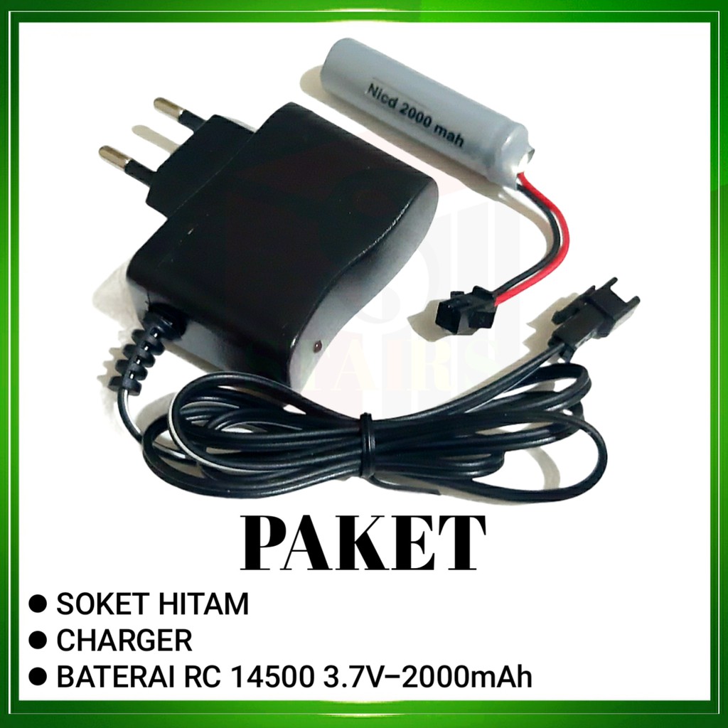 Batterai RC + Adaptor Charger Baterai Type Li-ion14500 Ni-Cd 3.7v - 2000mAh Socket Hitam