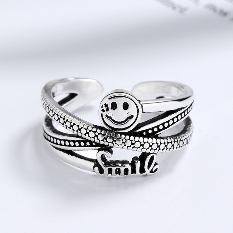 Cincin Jari Telunjuk Model Terbuka Banyak Lapis Desain Wajah Tersenyum Aksen Berlian Imitasi Gaya retro Korea Untuk Pria