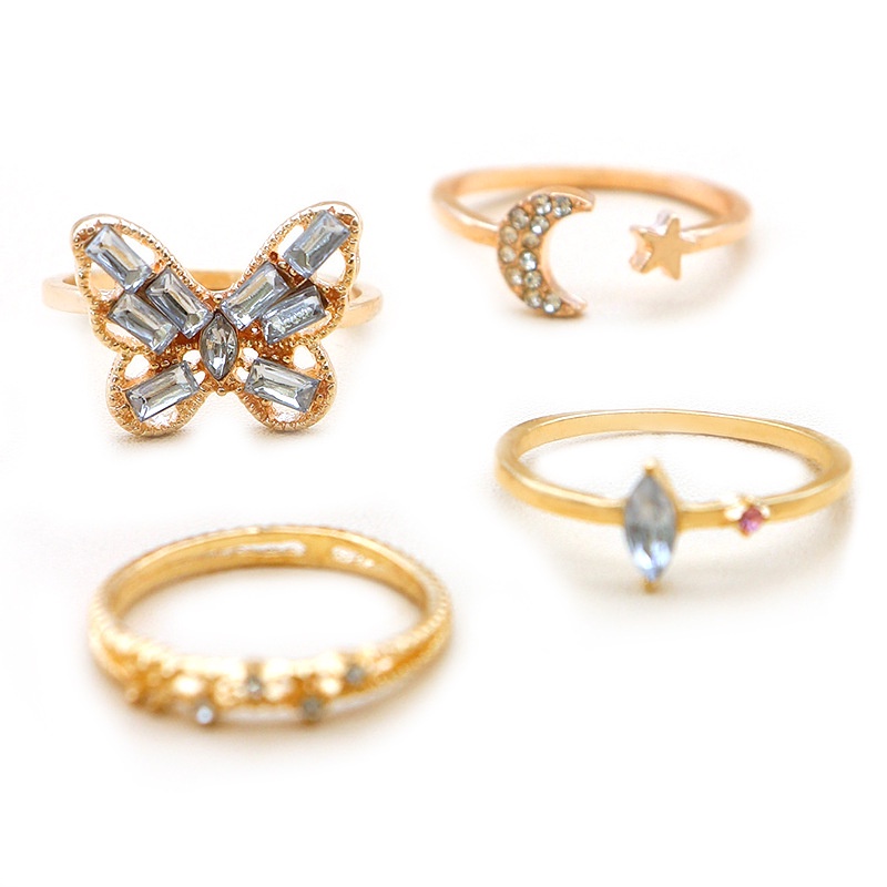 4pcs / set Cincin Model butterfly Terbuka Desain Bintang Bulan Mata Kuda Aksen Berlian Imitasi