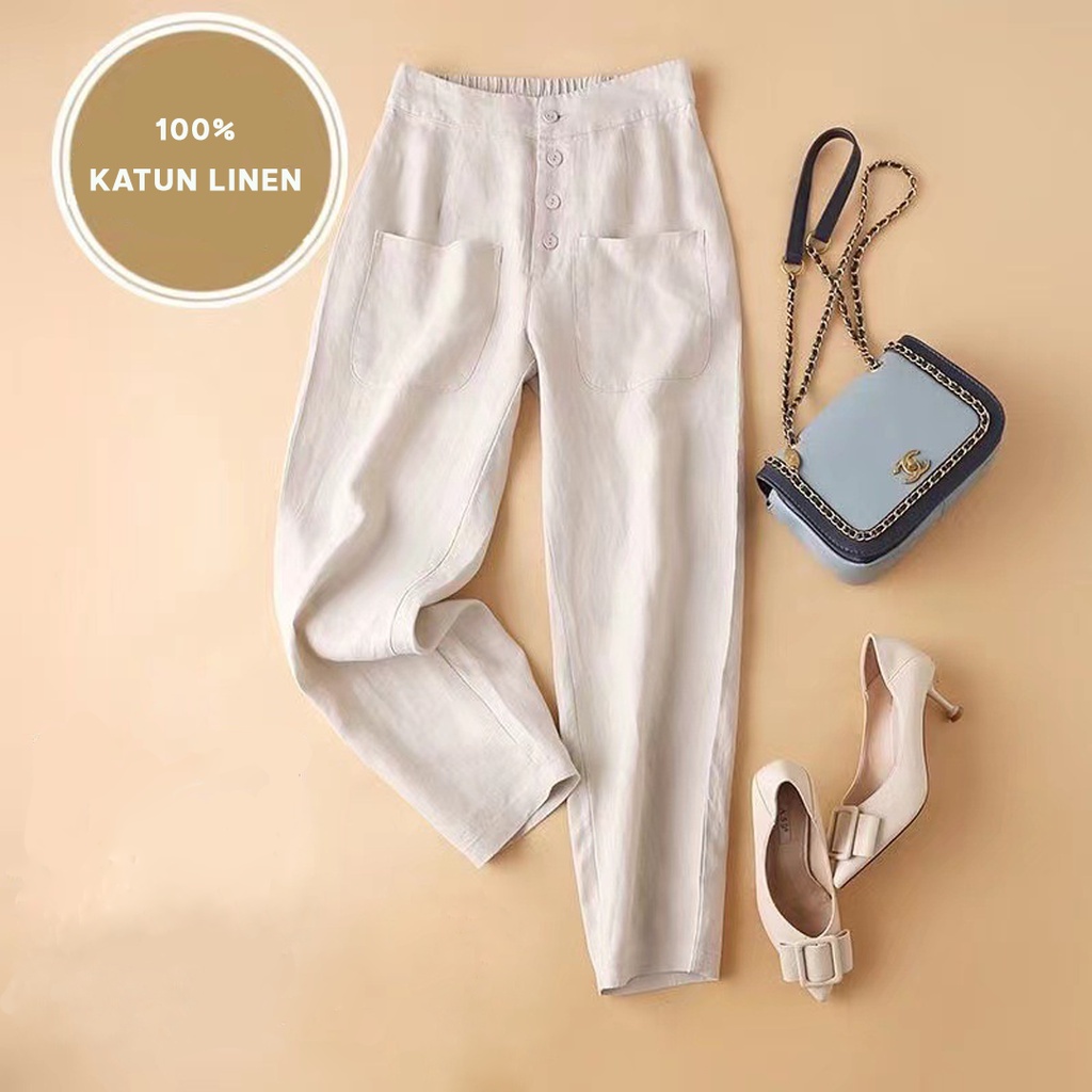 CELANA LINEN [M-XXL] HIGHWAIST MODEL KANCING