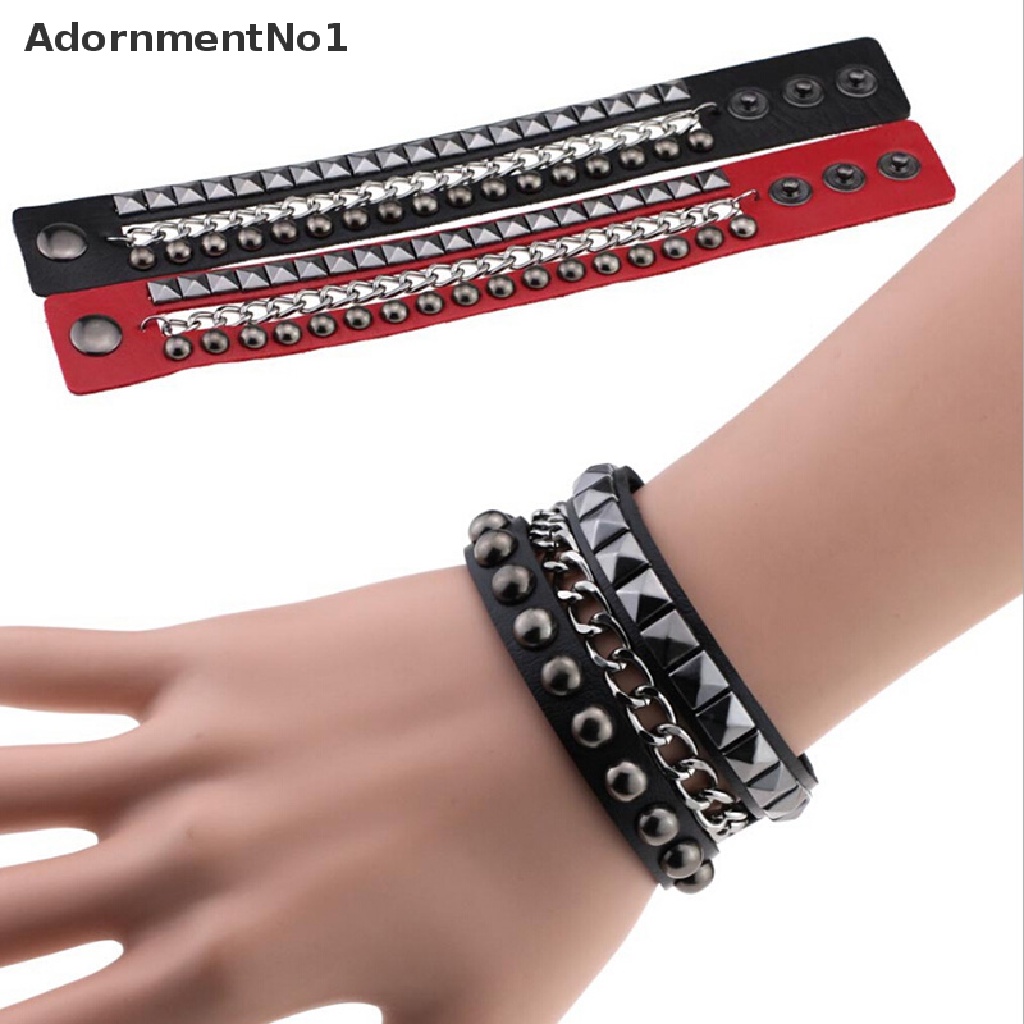 (AdornmentNo1) Gelang Tangan Kulit Lebar Banyak Lapis Aksen Rivet + Rantai Gaya Gothic Punk Untuk Wanita