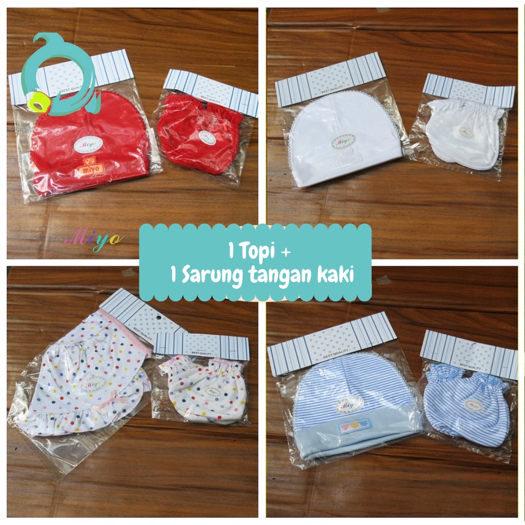 MIYO  Paket 1 Topi dan 1 Sarung Tangan + Kaki Salur | Polkadot