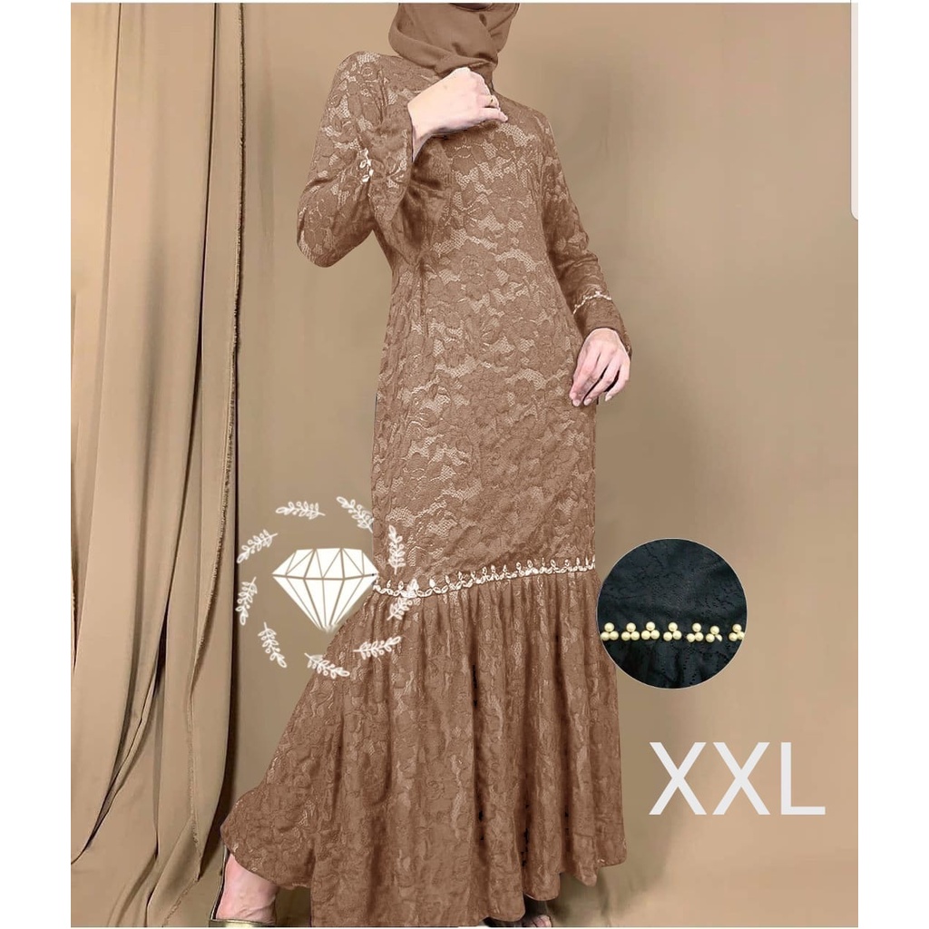 PCS MAXY NURHALIZA DUYUNG MUTIARA BRUKAT FASHION PAKAIAN WANITA DRESS GAMIS MAXI 5 UKURAN M L XL XXL 3XL MS ADA VIDEO REVIEW ASLI PRODUK-Mocca XXL
