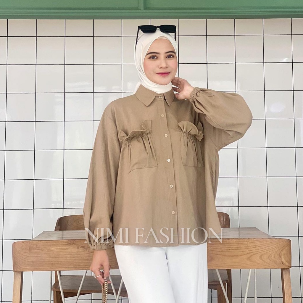 NIMI - Daily Shirt Kemeja Wanita Lengan Panjang Kekinian Crincle Linen Rami