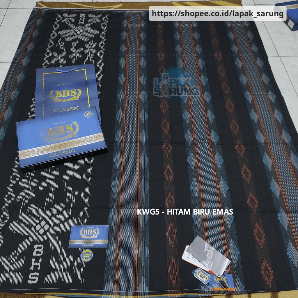 Sarung BHS Classic Gold KWG DBY Kawung Dobby 05 Hitam Biru Emas