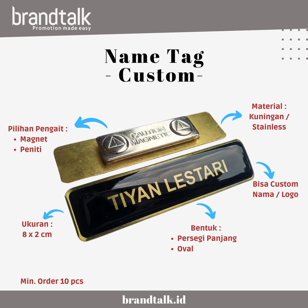 Name Tag Magnet / Peniti Custom - Kuningan / Stainless