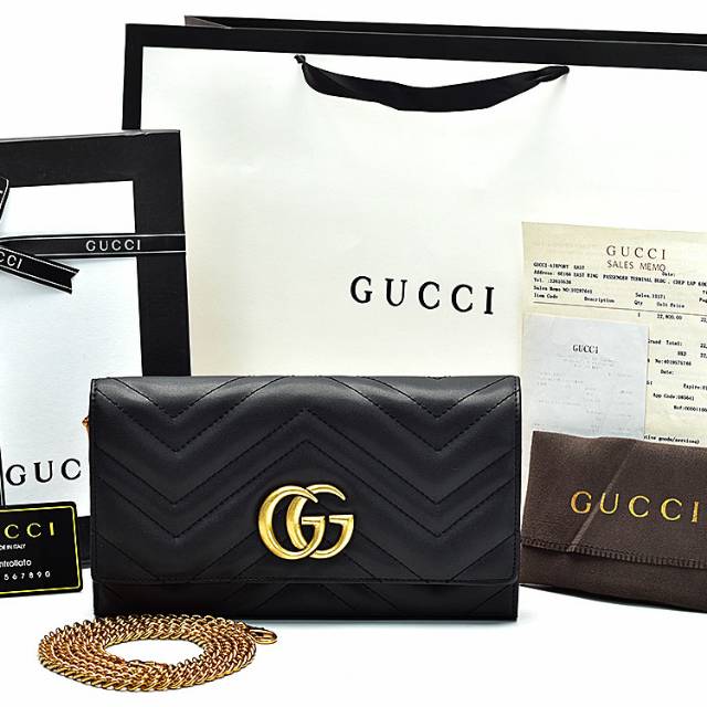  Tas  Selempang  Gucci  Marmont GG Flap Matelasse Chain Hitam 