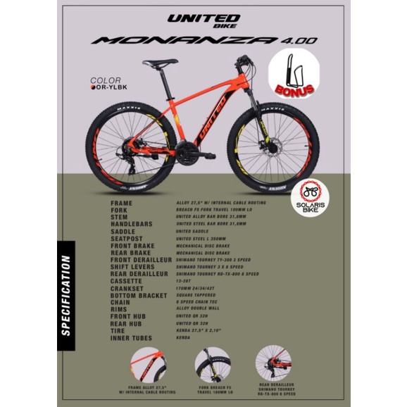 Sepeda Gunung MTB UNITED MONANZA 4.0 27.5 Inch Alloy Shimano