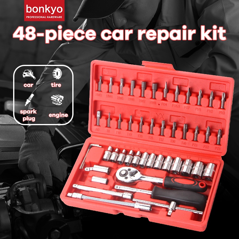 Bonkyo Kunci SOK 48 PCS Set Socket (1/4 &quot;) Full Lengkap Socket Tool Kit Pas Ring L Motor Mobil