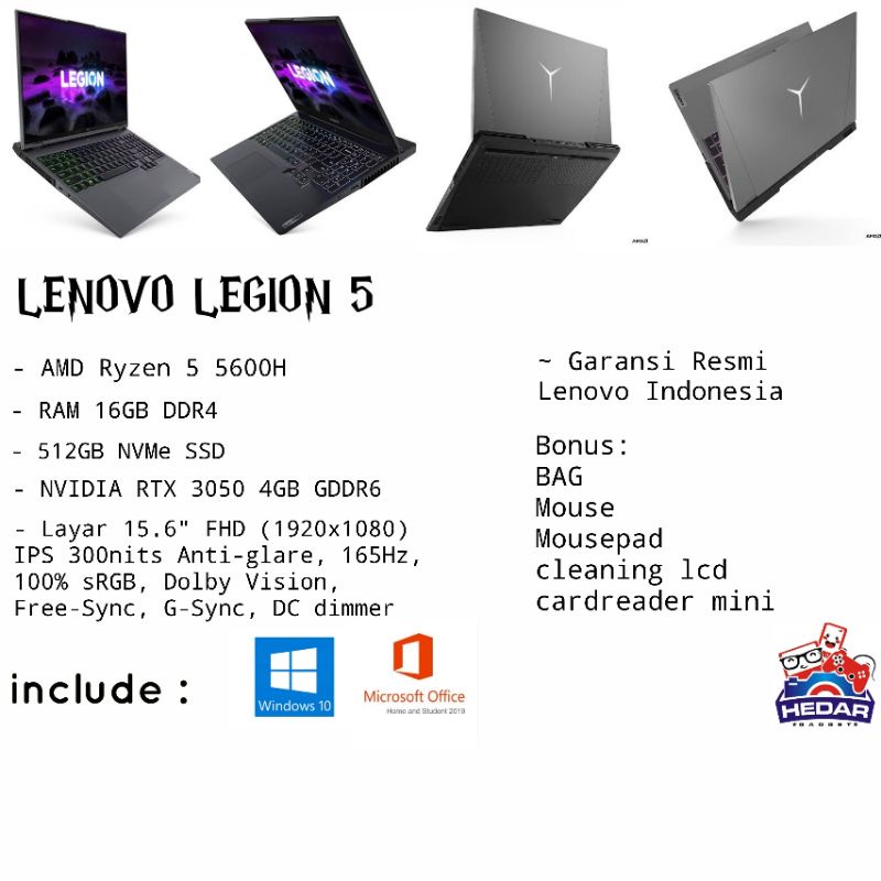 Lenovo legion 5 Ryzen 5 5600H 16GB 512GB Rtx3050 4GB W10 OHS 15 FHD