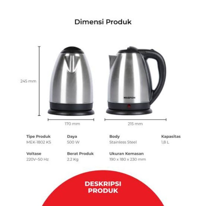 Kettle Listrik Maspion 1,8L MEK 1802KS 1802 KS Ceret Teko Pemanas Air