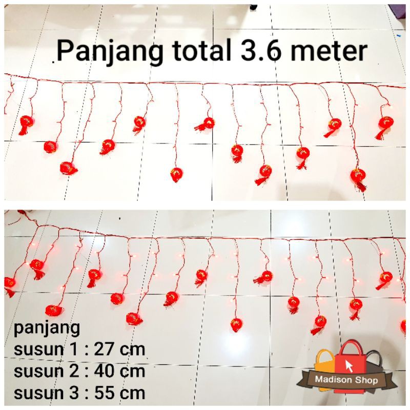 Lampu Lampion Fu Jaring Rumbai Dekorasi Lampu Lampion Renteng 3 meter Lampion Juntai Fu Merah Grosir